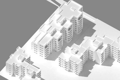 Architekturmodell eines Wohngebäudekomplexes mit mehreren hohen, weißen Gebäuden auf grauem Hintergrund.