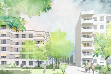 Illustration von Wohngebäuden mit Bäumen und Menschen auf einem Gehweg in einer urbanen Umgebung.