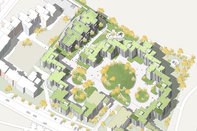 Architektonische Draufsicht eines geplanten Wohnkomplexes mit grünen Dächern und zentralem Parkbereich.