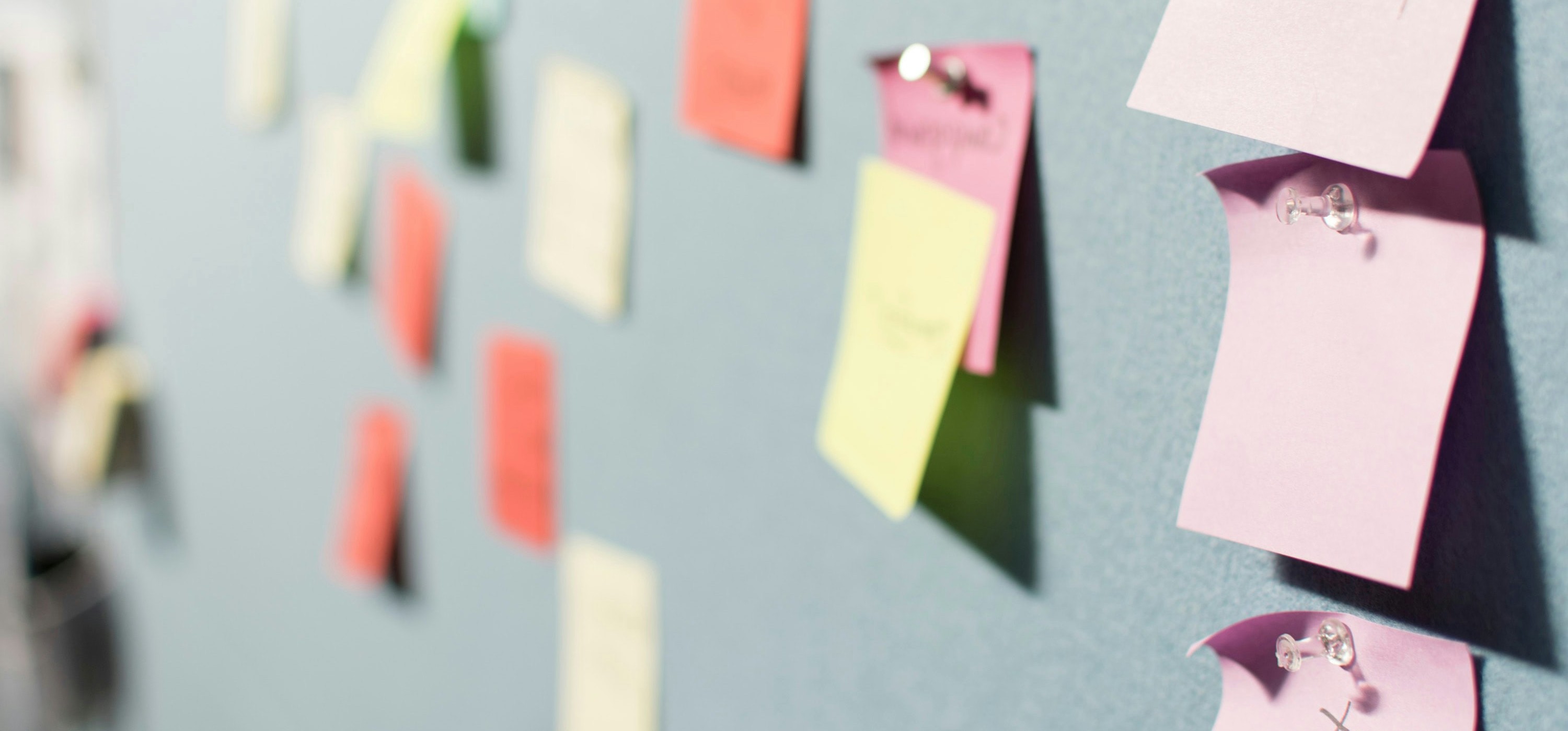 An einer Wand sind mehrere bunte Post-its aufgeklebt. Einige sind mit Reißnägeln fixiert.
