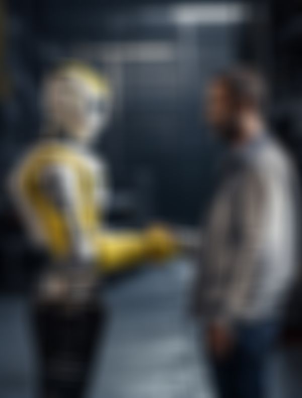 A man and a humanoid robot shake hands in an industrial setting, symbolizing human-robot collaboration.