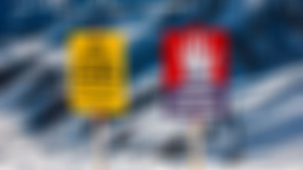 Zwei Warnschilder auf einem schneebedeckten Berg: Das eine weist auf das „Ende des kontrollierten Skigebiets“ hin, das andere warnt vor Lawinengefahr.