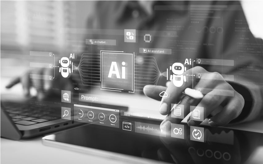 Persona usando una laptop con una interfaz de IA digital superpuesta, con iconos y texto relacionados con la tecnología. Imagen en blanco y negro.