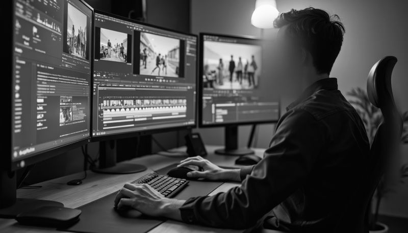 Persona que trabaja con un software de edición de vídeo en una configuración de varios monitores en una habitación con poca luz.