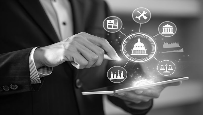 Person in a suit interacts with digital icons on a tablet, including government building, tools, and documents, representing digital governance.