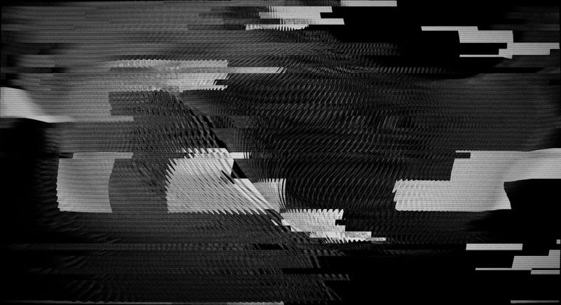 gráfico en blanco y negro desgarrado que muestra una ola con daños informáticos