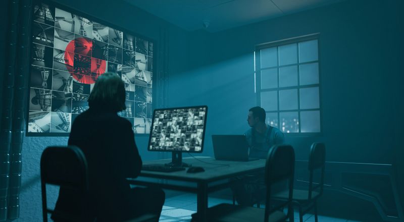 Two people in a dim room monitor a wall of security feeds and a computer screen, with light streaming through a window.