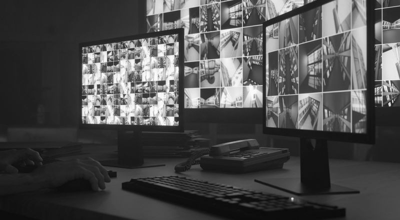 Monochrome image of a surveillance room with multiple monitors displaying security camera feeds. A person is seated at a desk with a keyboard.