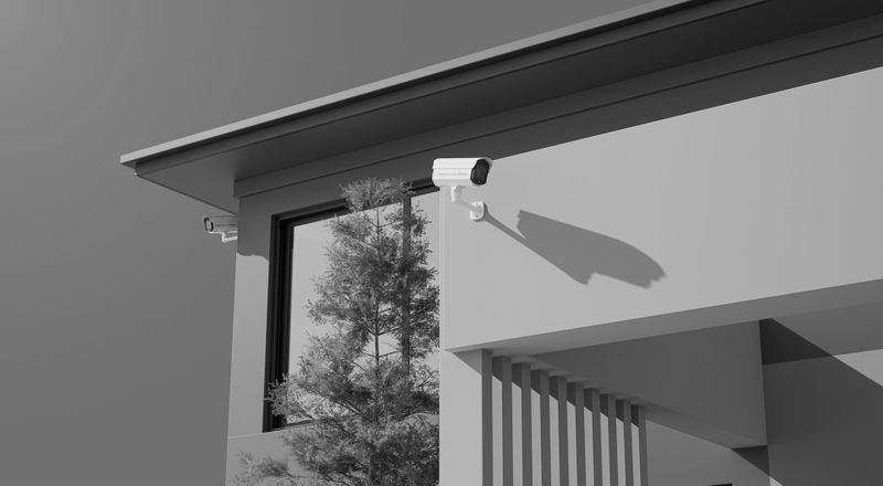 foto en blanco y negro de una casa con cámaras de seguridad blancas instaladas