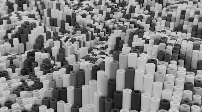 Patrón abstracto monocromático de pilares cilíndricos que varían en altura y crean una superficie texturizada similar a una onda.