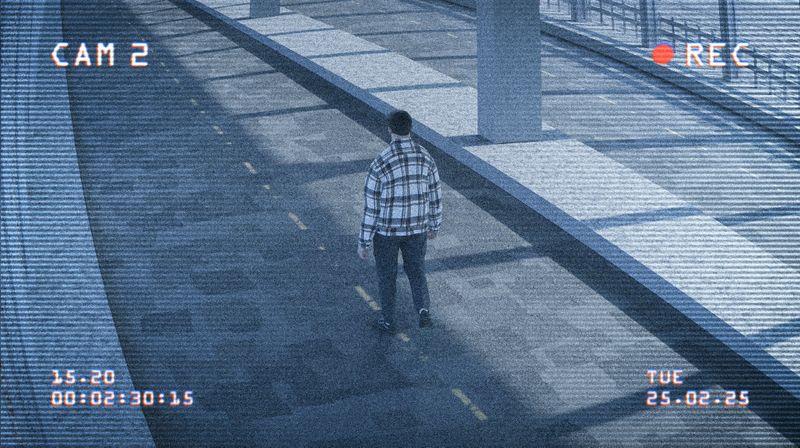 CCTV footage showing a person in a plaid shirt walking on a deserted, tiled walkway. Date and time stamps displayed.