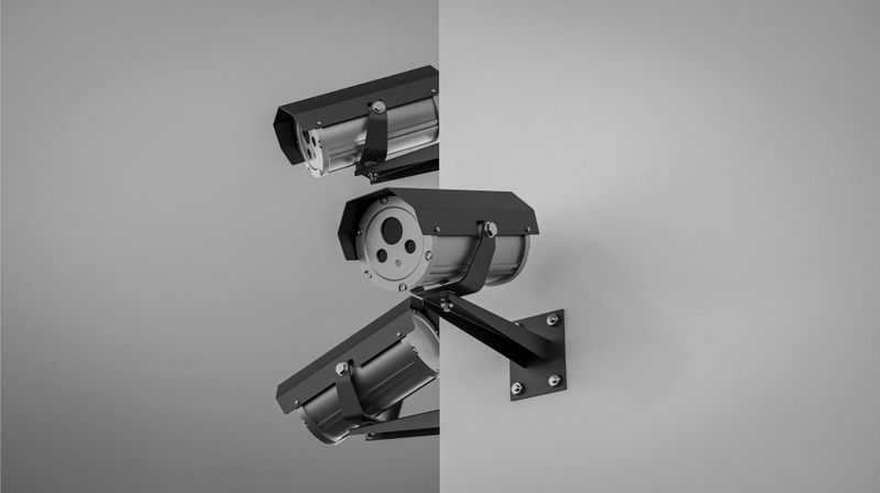 Tres cámaras de seguridad montadas en una pared, orientadas en diferentes direcciones, sobre un fondo gris.