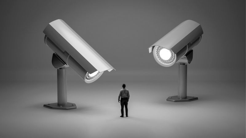 A person stands between two large surveillance cameras facing each other in a monochromatic setting.