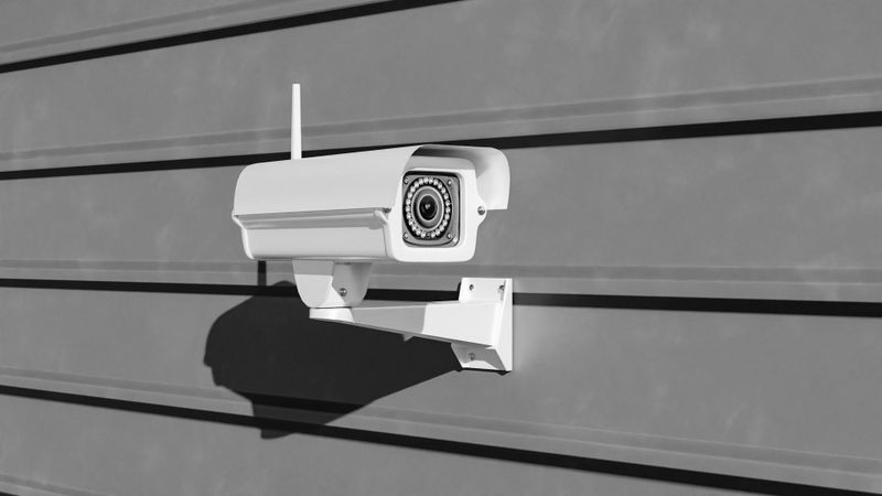 A white security camera mounted on a gray wall with horizontal lines, casting a shadow.