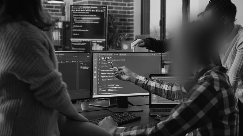 Ein Team arbeitet zusammen an einem Schreibtisch mit mehreren Monitoren, auf denen Code angezeigt wird, eine Person zeigt auf den Bildschirm, in einer modernen Büroumgebung.