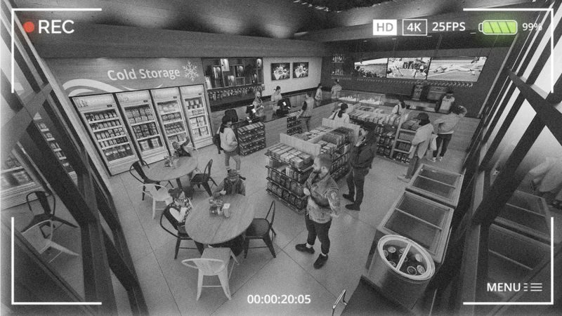 Images de vidéosurveillance d'une épicerie montrant des clients faisant leurs courses et le personnel au comptoir, avec des étagères de produits et une section de stockage frigorifique visibles.