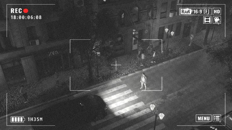 Surveillance footage shows a person crossing a dimly lit street at night, viewed from an aerial perspective with timestamp and interface overlay.