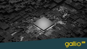 Un microchip metálico se encuentra sobre un patrón de circuitos oscuros e intrincados. El fondo presenta formas geométricas. El logo "gallio PRO" está en la parte inferior.