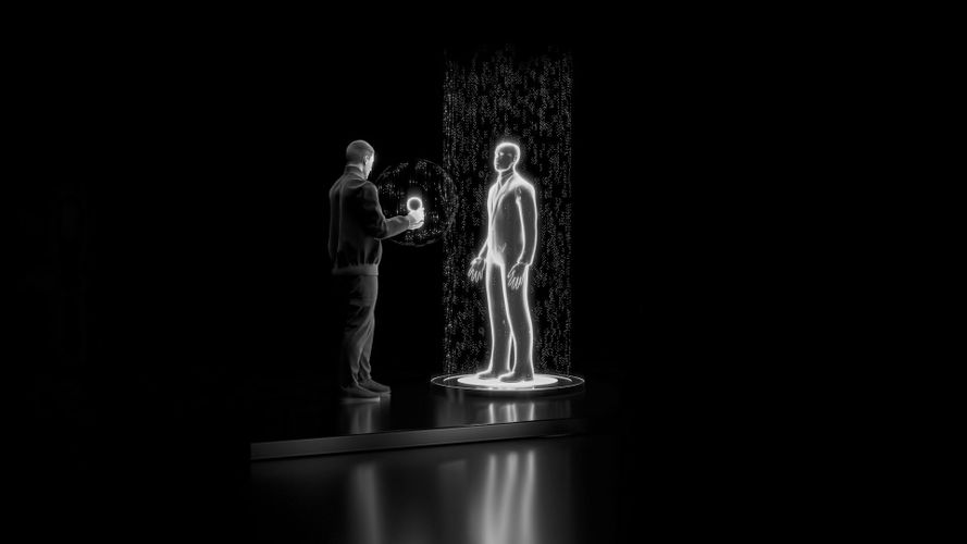 Osoba wchodzi w interakcję z świecącą holograficzną postacią w ciemnym pomieszczeniu, tworząc futurystyczną i tajemniczą atmosferę.