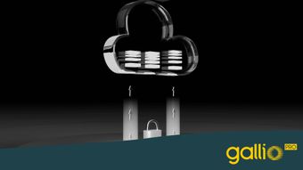Ein metallisches Wolkensymbol, das mit Terminals verbunden ist, mit einem Vorhängeschloss-Symbol darunter. Ein Gallio Pro-Logo befindet sich unten rechts.