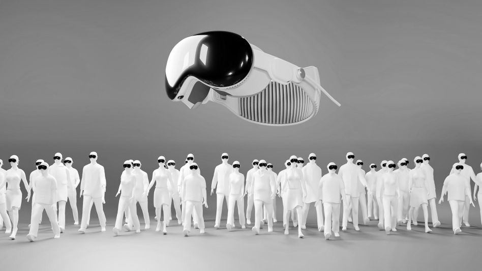 A large virtual reality headset hovers above a group of people dressed in white, all wearing VR headsets, in a monochrome setting.