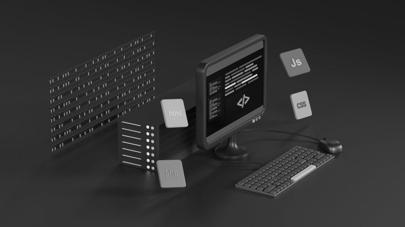 3D-Illustration eines Computer-Schreibtisch-Setups mit einem Monitor, der Code anzeigt, einer Tastatur, einer Maus und schwebenden Symbolen für HTML, CSS, JavaScript und PHP.