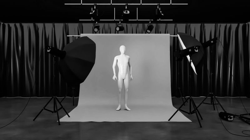 Fotografía en blanco y negro de un estudio fotográfico que muestra la iluminación frente a un fondo gris, detrás del cual hay una cortina, y en el centro está un maniquí