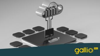 Ilustración de computación en la nube con un servidor en forma de nube sobre una placa de circuito digital rodeada de nodos cuadrados negros.