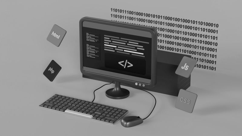 Ein Computermonitor zeigt Code mit schwebenden Symbolen für HTML, PHP, JavaScript und CSS, umgeben von Binärzahlen. Tastatur und Maus auf dem Schreibtisch.
