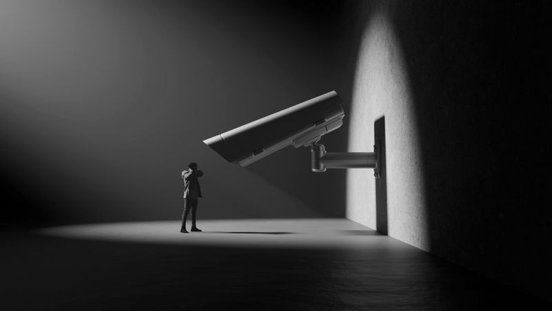 Una persona se encuentra bajo un foco, frente a una cámara de vigilancia gigante montada en una pared en un entorno oscuro y minimalista.