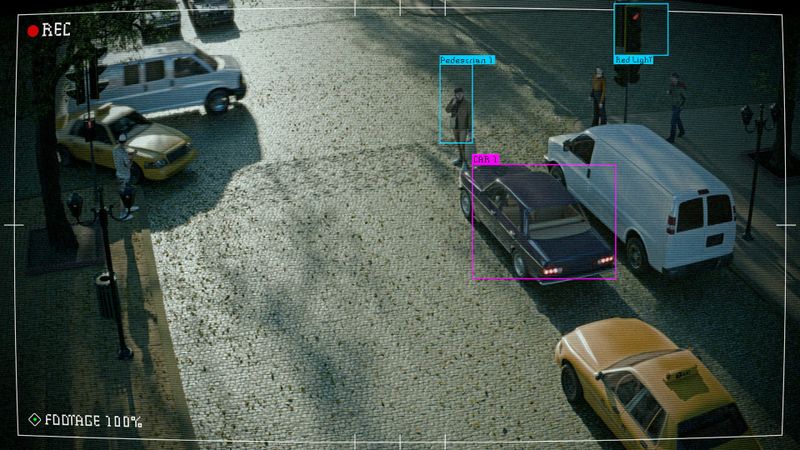 Surveillance camera view of numerous people walking, with digital overlays highlighting specific individuals and camera source information.