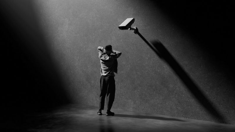 A person stands facing a wall under a large surveillance camera in a dimly lit room, casting a long shadow.
