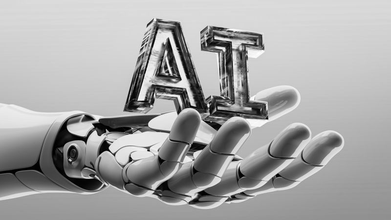Una mano robótica sostiene letras metálicas 3D "AI" sobre un fondo gris, que simbolizan la inteligencia artificial.
