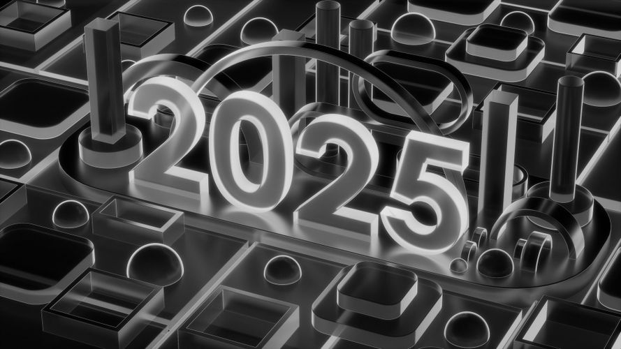 Futurystyczny projekt 3D z pogrubionym rokiem „2025”, otoczony geometrycznymi kształtami i monochromatyczną paletą kolorów.