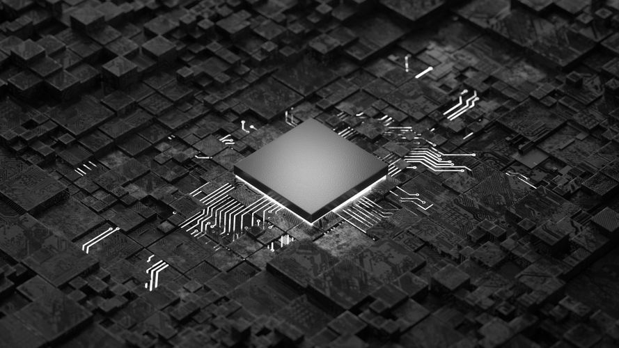 Un microchip central brillante con líneas intrincadas sobre una superficie oscura, texturizada y geométrica.