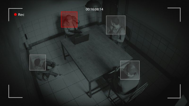 Surveillance camera view of four people in a dimly lit room around a table, with one person highlighted in red. Timer and recording icon visible.