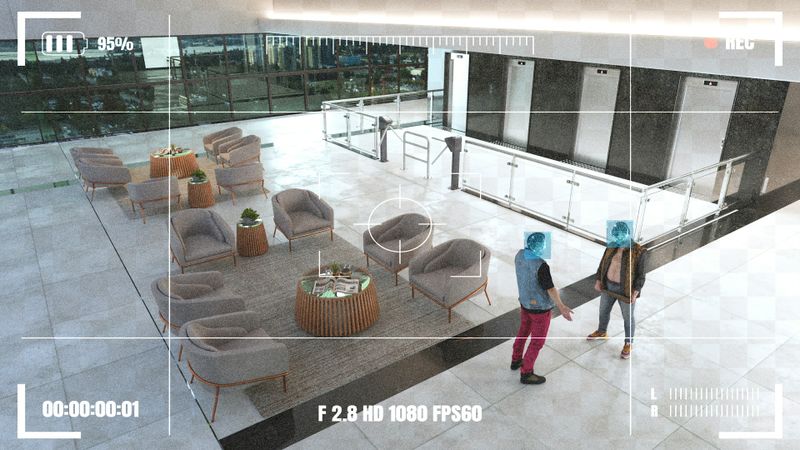 Surveillance camera view of a modern lobby with two people wearing transparent masks, multiple chairs, and a round table with plants.