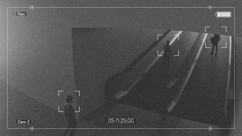 Granosas imágenes de vigilancia de tres personas en un pasillo débilmente iluminado con escaleras mecánicas, con la marca de tiempo 05:11:25:00.