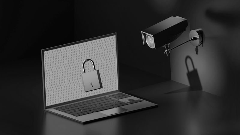 Un ordinateur portable avec une icône de verrou sur l'écran est à côté d'une caméra de surveillance, projetant une ombre sur un mur sombre.