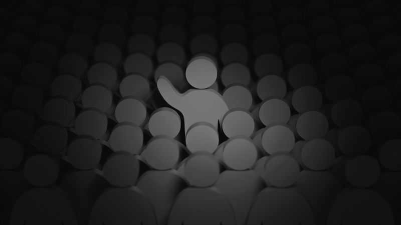 A single light gray figure stands out, raising a hand amidst a crowd of dark gray figures, symbolizing individuality and leadership.