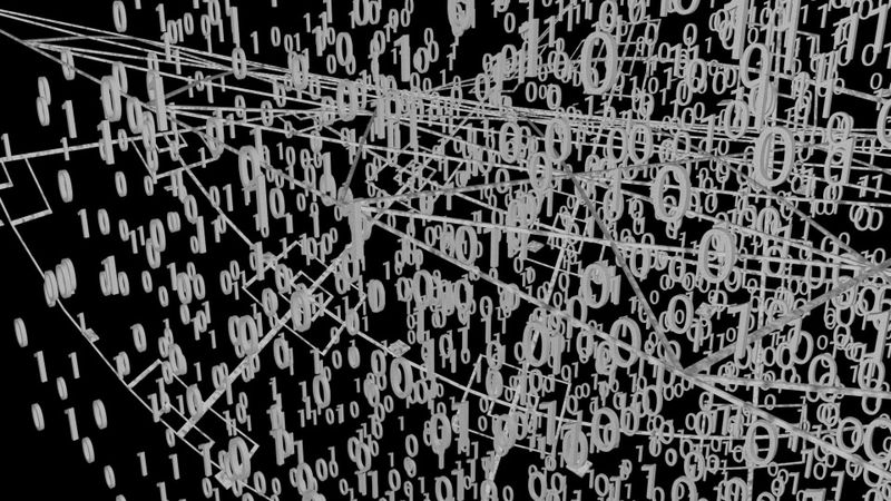 Abstract image of white binary code and geometric lines on a black background, creating a sense of digital complexity and data flow.
