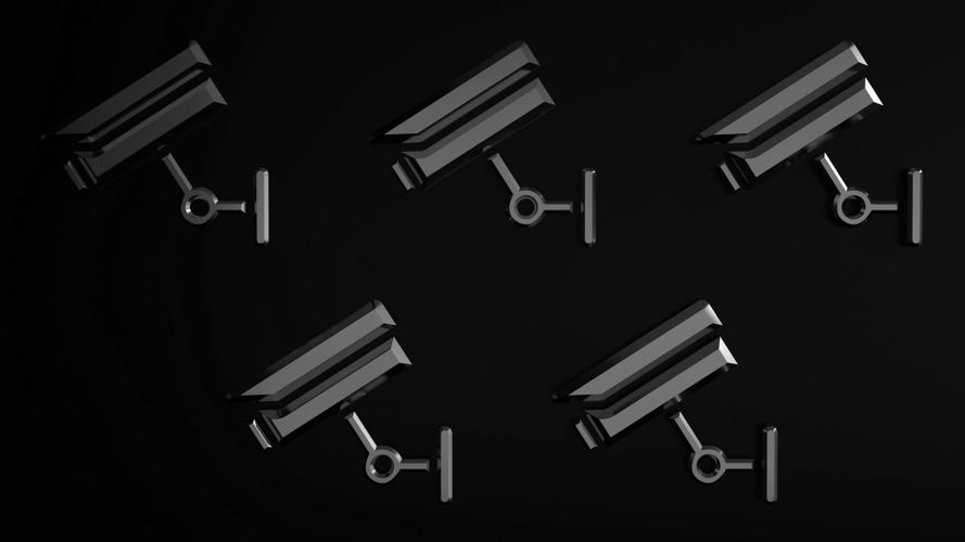Cztery czarne kamery monitoringu zamontowane na ciemnej ścianie, ułożone w wzór siatki, na czarnym tle.