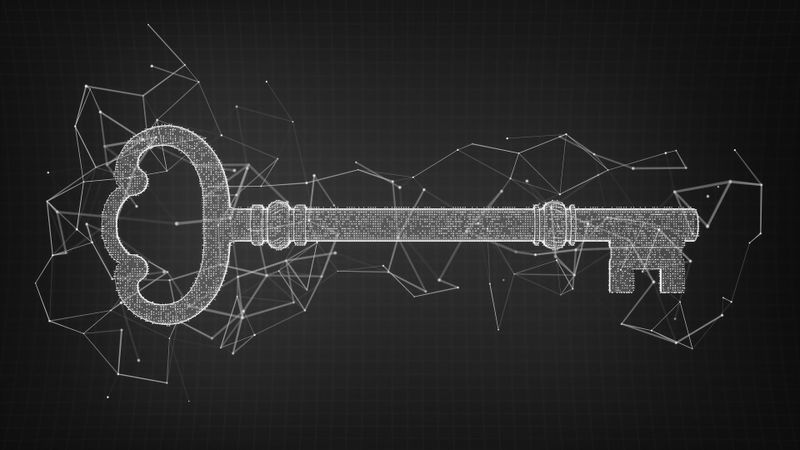 Digitale Illustration eines antiken Schlüsselskeletts auf dunklem Hintergrund mit geometrischen Linien und Punkten, die ein netzwerkähnliches Muster bilden.