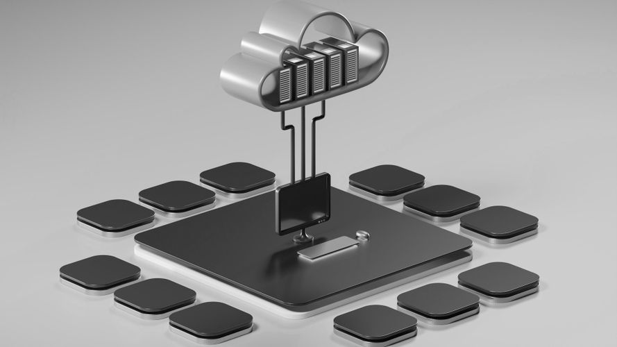Renderizado 3D de un servidor en la nube sobre una placa de circuito, rodeado de formas rectangulares abstractas sobre un fondo gris.