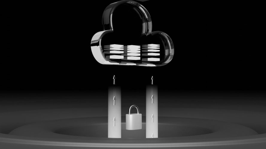Ein metallisches Wolkensymbol mit Datensymbolen ist durch Pfeile mit zwei Säulen verbunden, darunter ein Vorhängeschloss, vor einem dunklen Hintergrund.