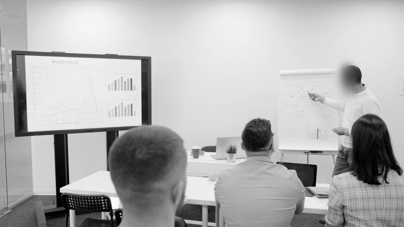 fotografía en blanco y negro, se está llevando a cabo una reunión organizativa con los resultados de ventas, los asistentes están sentados en los bancos y el presentador señala los gráficos con el rostro anonimizado