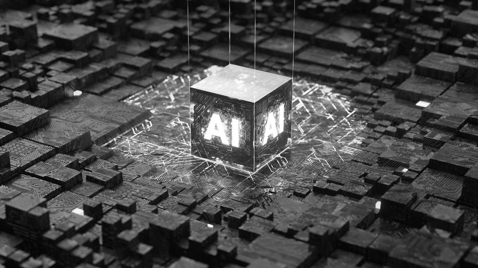 Un cube lumineux avec « IA » sur ses côtés, suspendu au-dessus d'une grille texturée et futuriste, émettant de la lumière et de l'énergie.