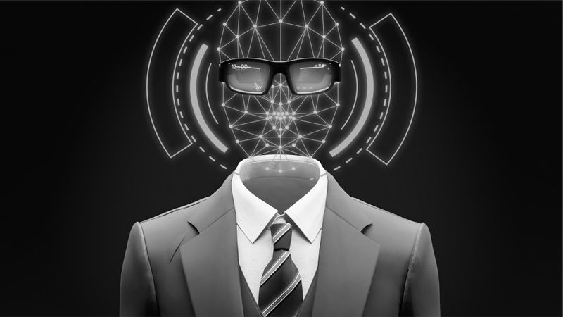 Figura digital futurista con traje, cabeza con estructura de alambre geométrica, gafas de sol y rodeada de patrones circulares brillantes.