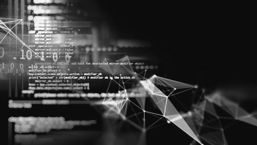 Czarno-biała abstrakcyjna scena technologiczna z kodem strumieniowym i geometryczną siecią połączonych węzłów oraz trójkątną siatką.