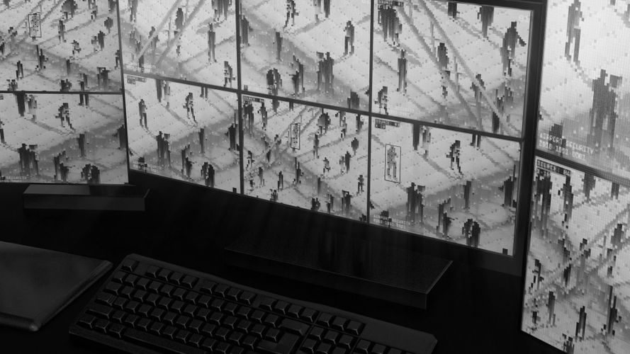 czarno-białe zdjęcie monitorów cctv monitoringu miejskiego na których pozaznaczano wyjątkowo niektóre osoby, nagrania wypikselowane